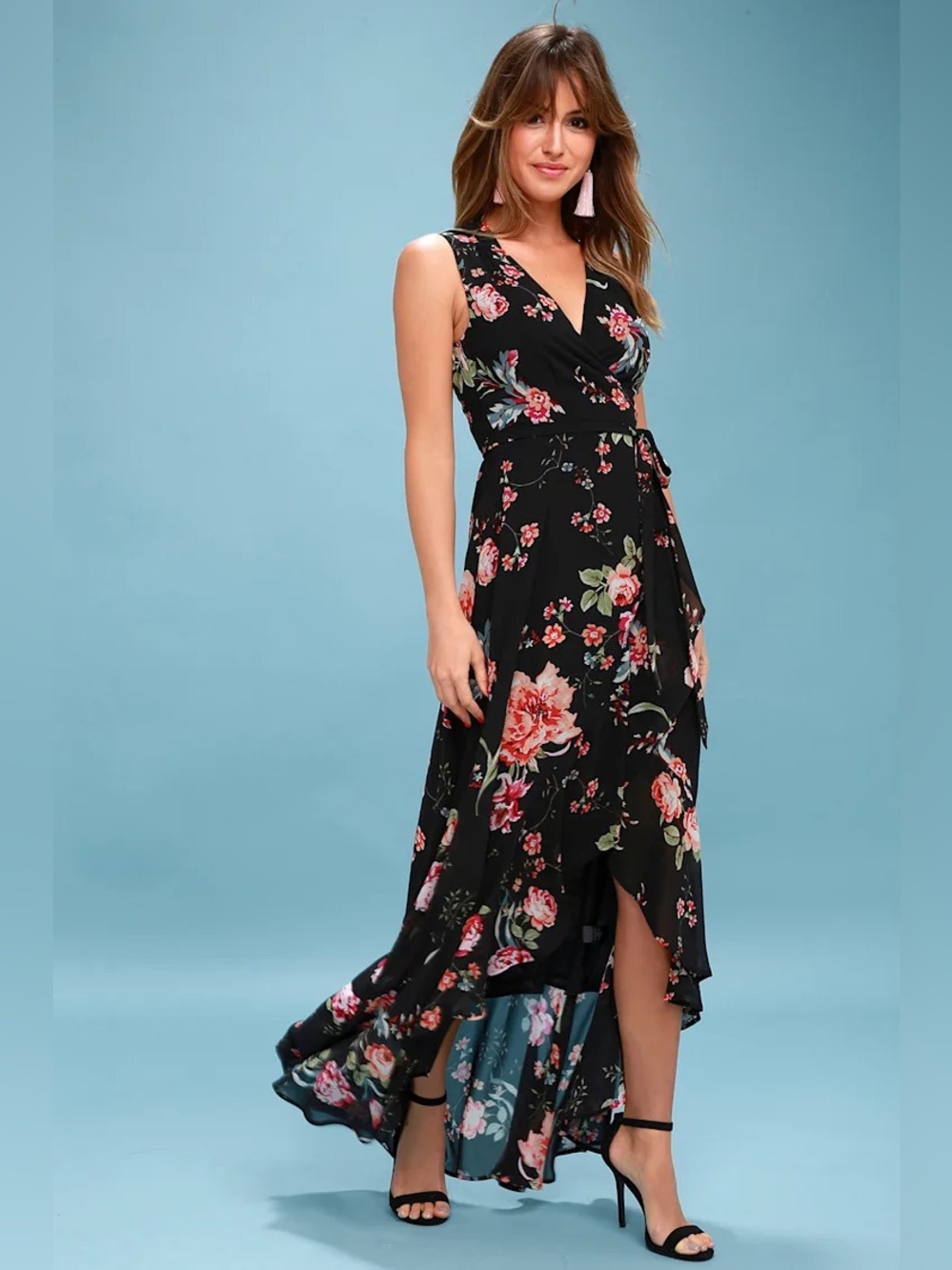 Lulus‎ Tawny Black Floral Wrap Maxi Dress High Low Trail NWT Size M